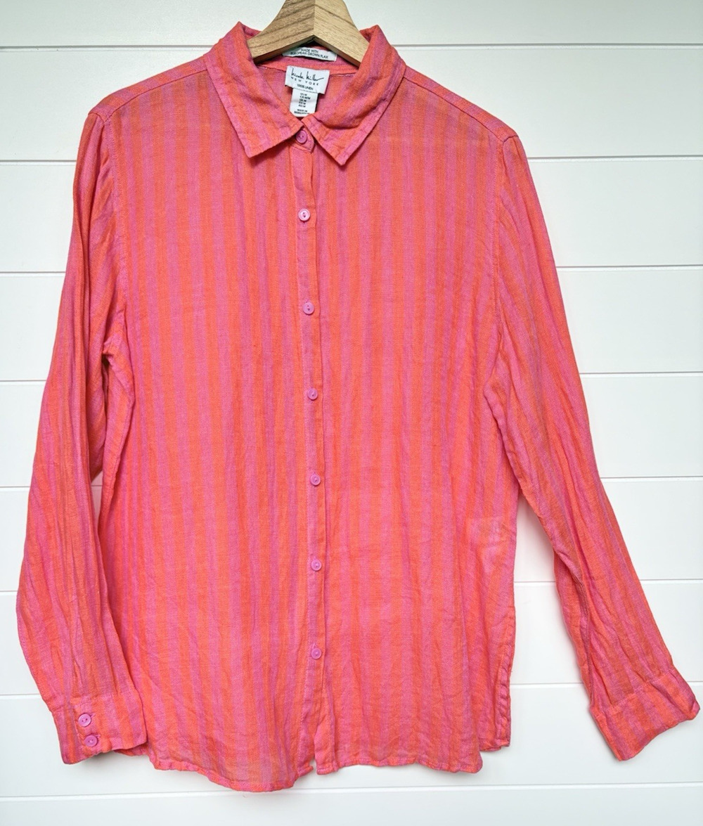 Nicole Miller 100% Flax Linen Pink Orange Striped Long Sleeve Button Up Shirt M